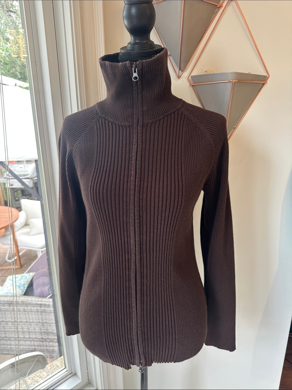 VINTAGE JONES NEW YORK Brown Ribbed Mock Neck Turtleneck Sweater Cardigan Large